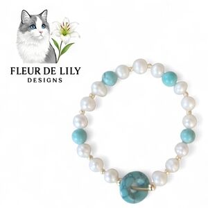 Freshwater Pearl And Tourquoise  8mm Bracelet and Earrings Set 6.8 - 7.5 In